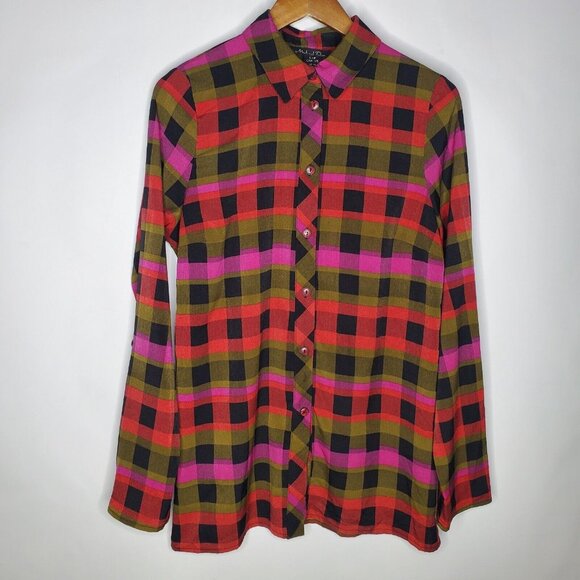 Michael Tyler Womens Colorful Plaid Button Up Back Blouse Size S Art To Wear - Picture 1 of 10